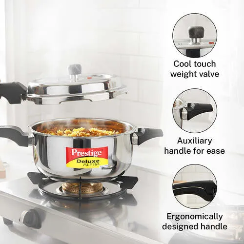  Prestige 5 Litre Stainless Steel Deluxe Alpha Svachh Outer Lid Deep Pressure Pan Cooker | 10Y Warranty | Deep Lid for Spillage Control | TRIPLY Base | GRS | Gas & Induction Compatible | ISI - Detail View